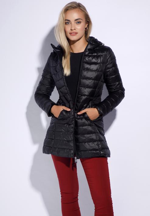 Lange Steppjacke für Damen mit Kapuze, schwarz, 95-9N-100-1-S, Bild 1