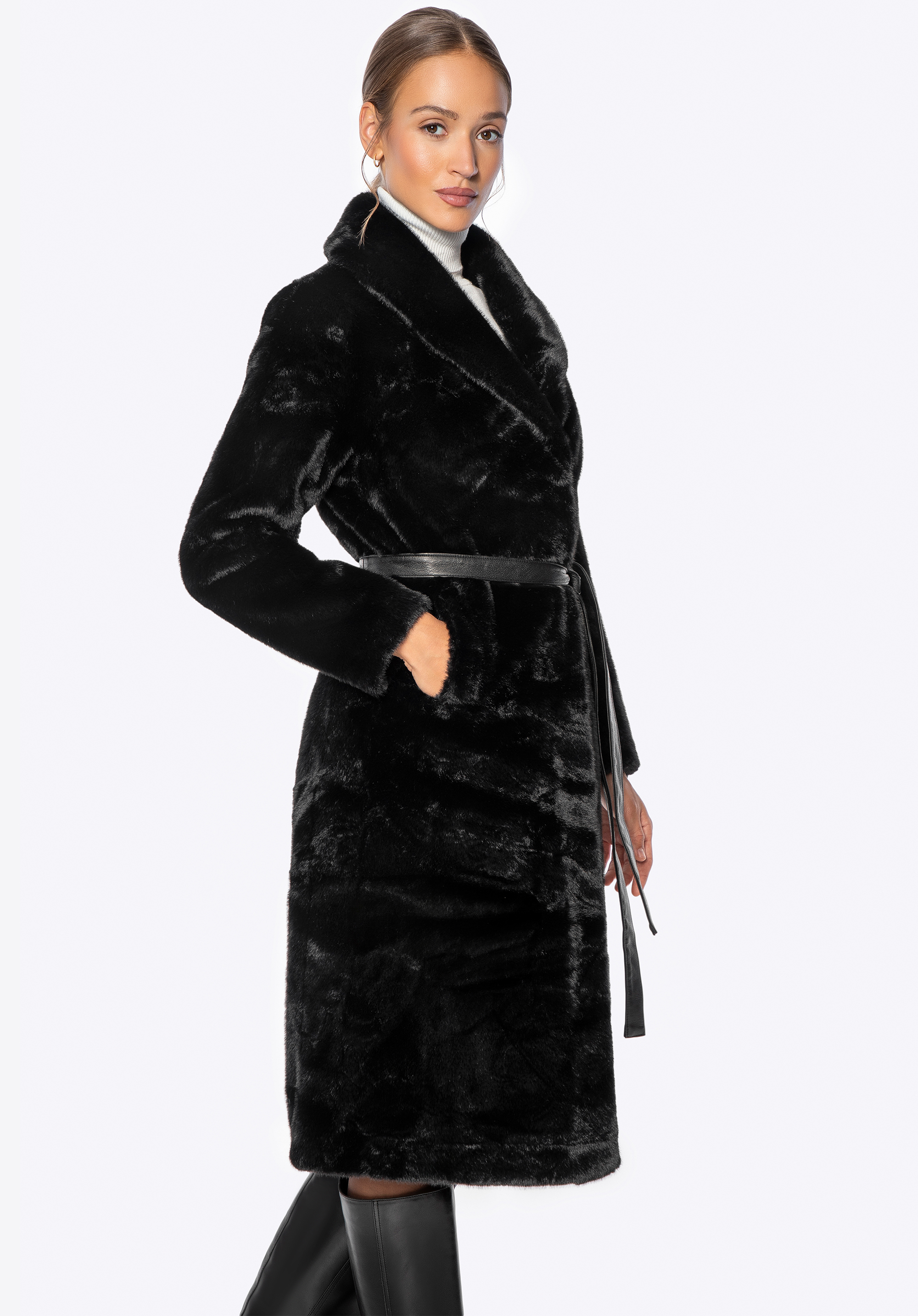 Langer Damenmantel aus Kunstpelz, schwarz, 101-9W-004-1-S, Bild 1