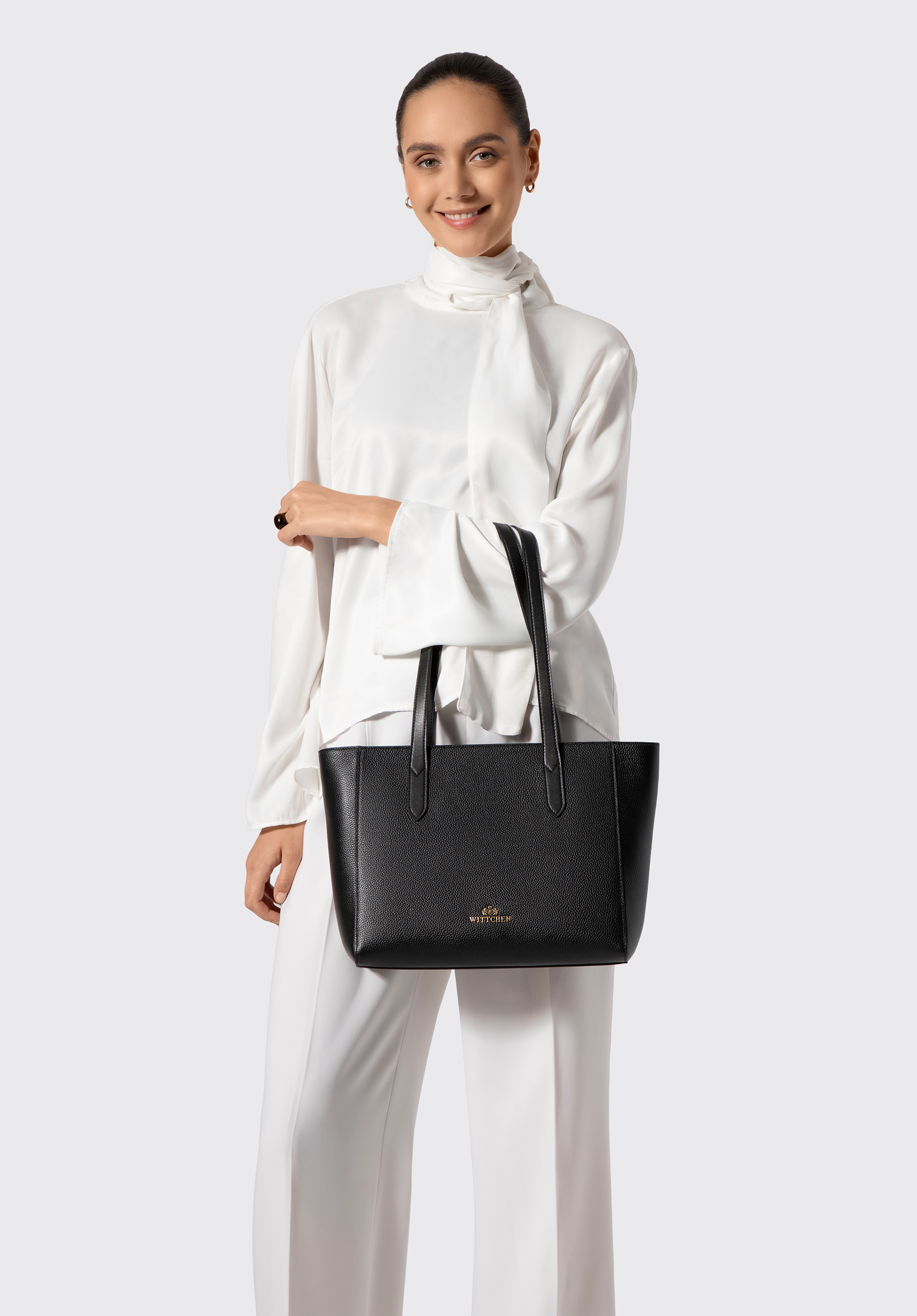 Leder-Einkaufstasche für Damen mit langen Henkeln, schwarz, 103-4E-629-1, Bild 1