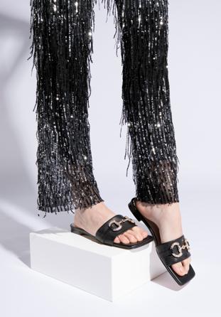 Pantoletten aus Leder mit glänzender Schnalle, schwarz, 96-D-511-1-35, Bild 1