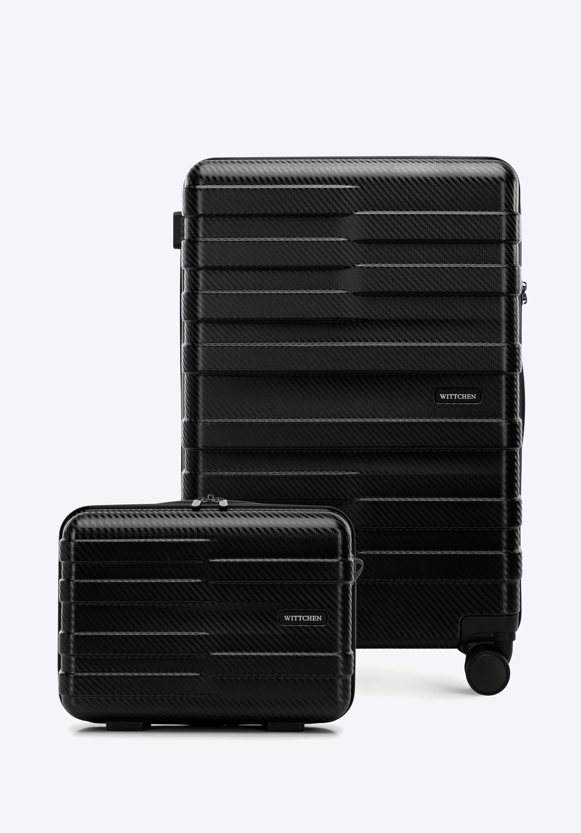 Mittelgroßer Polycarbonat-Koffer und Kosmetikkoffer mit horizontalen Streifen, schwarz, 56-3P-582-10K, Bild 1