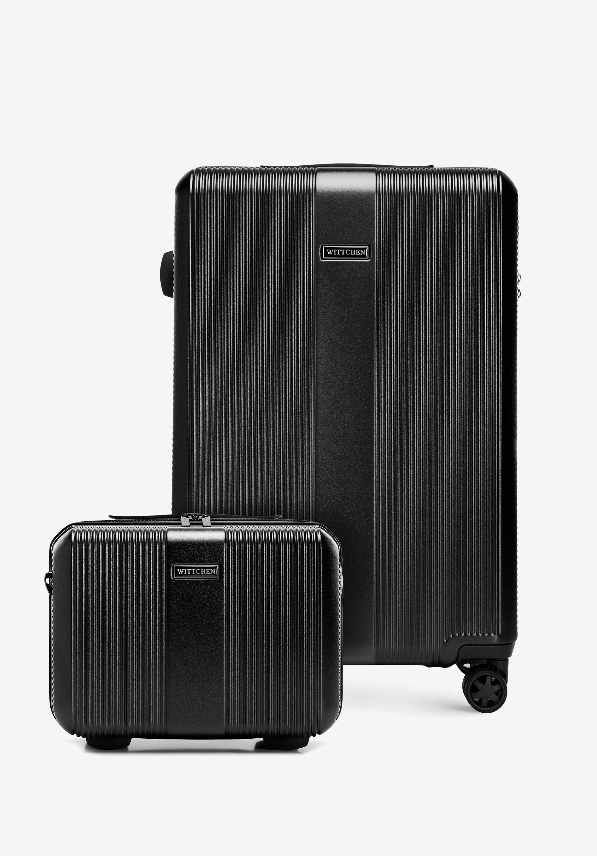 Mittelgroßer Polycarbonat-Koffer und Kosmetikkoffer mit vertikaler Prägung, schwarz, 56-3P-902-11K, Bild 1