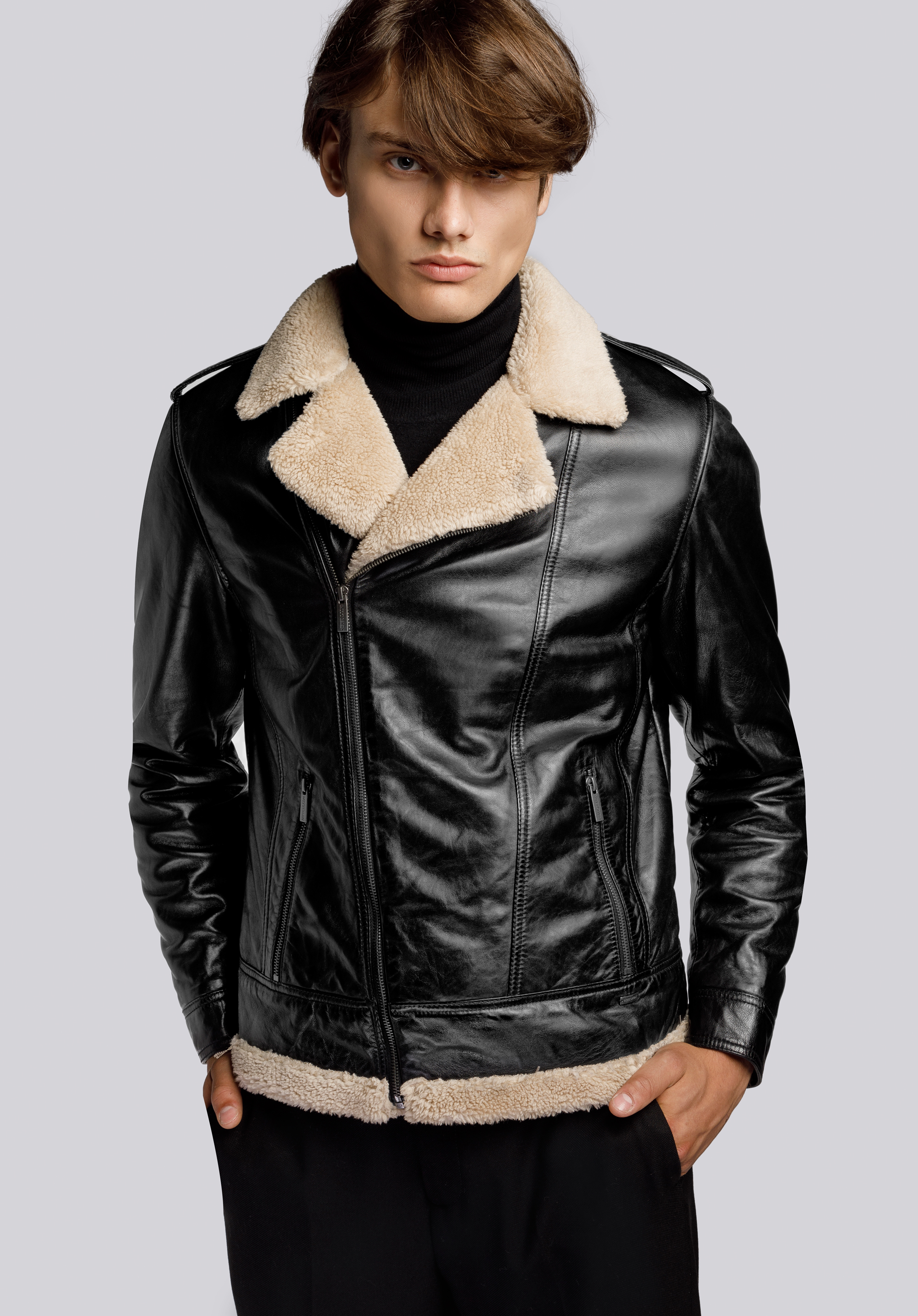 Pilotenjacke für Herren aus Leder mir Druckknöpfen, schwarz, 93-09-851-1-M, Bild 1
