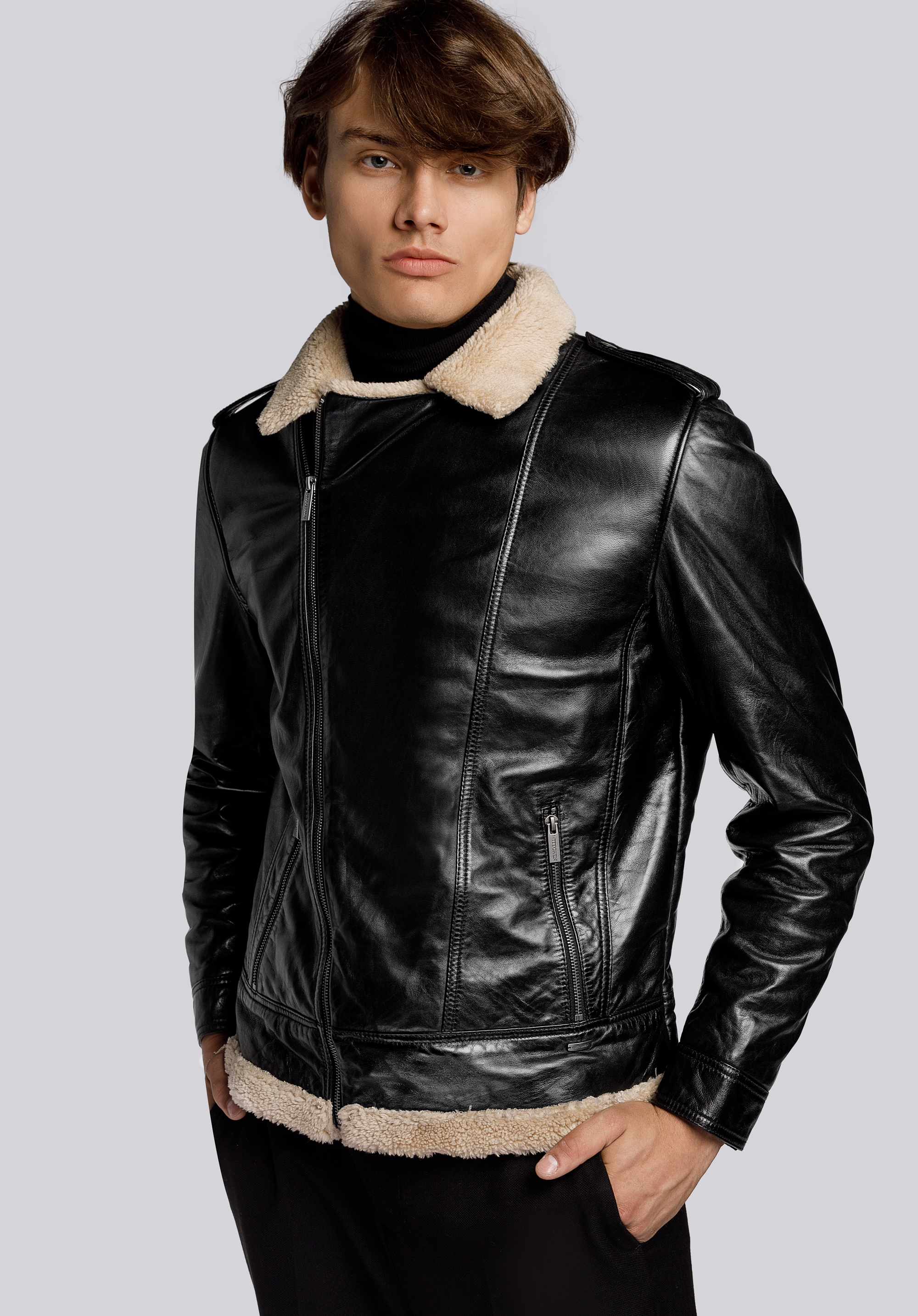 Pilotenjacke für Herren aus Leder mir Druckknöpfen, schwarz, 93-09-851-1-M, Bild 1