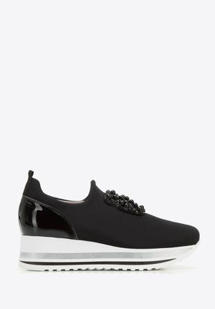 Plateau-Sneakers für Damen aus elastischem Stoff mit Verzierung, schwarz, 95-D-655-1-35, Bild 1