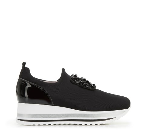 Plateau-Sneakers für Damen aus elastischem Stoff mit Verzierung, schwarz, 95-D-655-1-35, Bild 1