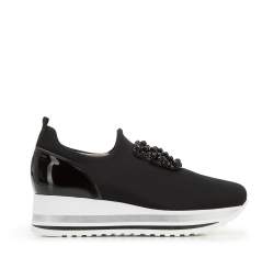 Plateau-Sneakers für Damen aus elastischem Stoff mit Verzierung, schwarz, 95-D-655-1-38, Bild 1