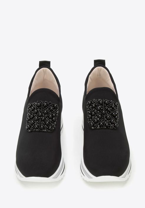 Plateau-Sneakers für Damen aus elastischem Stoff mit Verzierung, schwarz, 95-D-655-1-40, Bild 2
