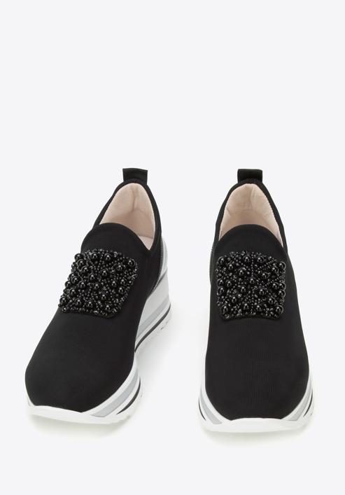 Plateau-Sneakers für Damen aus elastischem Stoff mit Verzierung, schwarz, 95-D-655-1-39, Bild 3