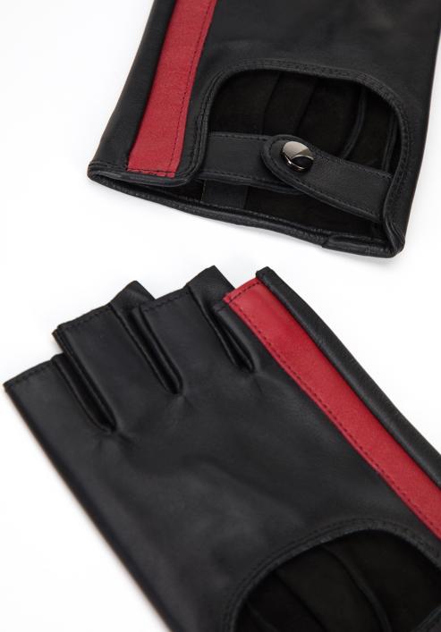 Fingerlose Damenhandschuhe aus Leder mit Zierstreifen, schwarz-rot, 46-6L-311-A-V, Bild 4