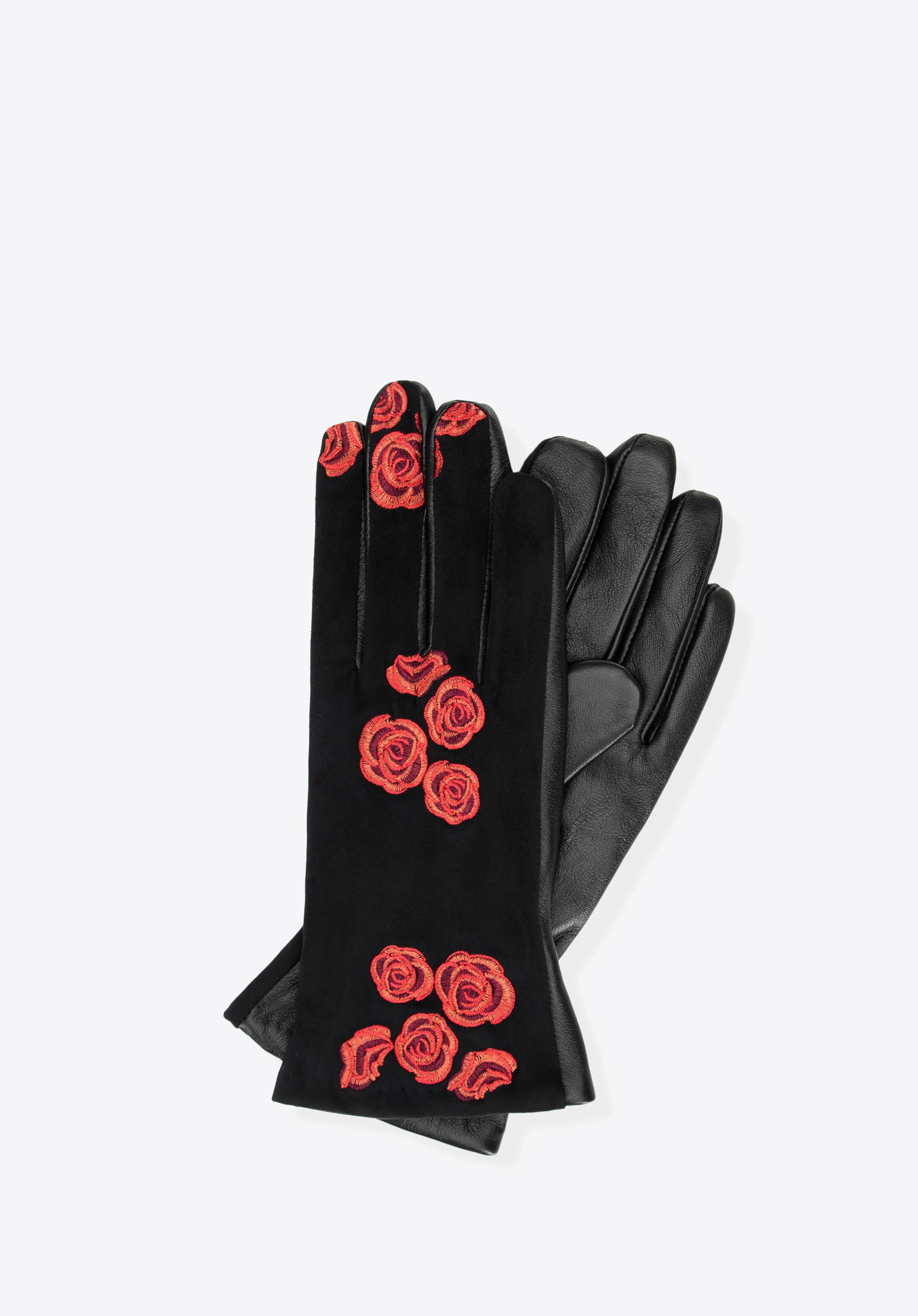 Gefütterte Damenhandschuhe aus Leder mit gestickten Blumen, schwarz-rot, 39-6L-033-13-XL, Bild 1
