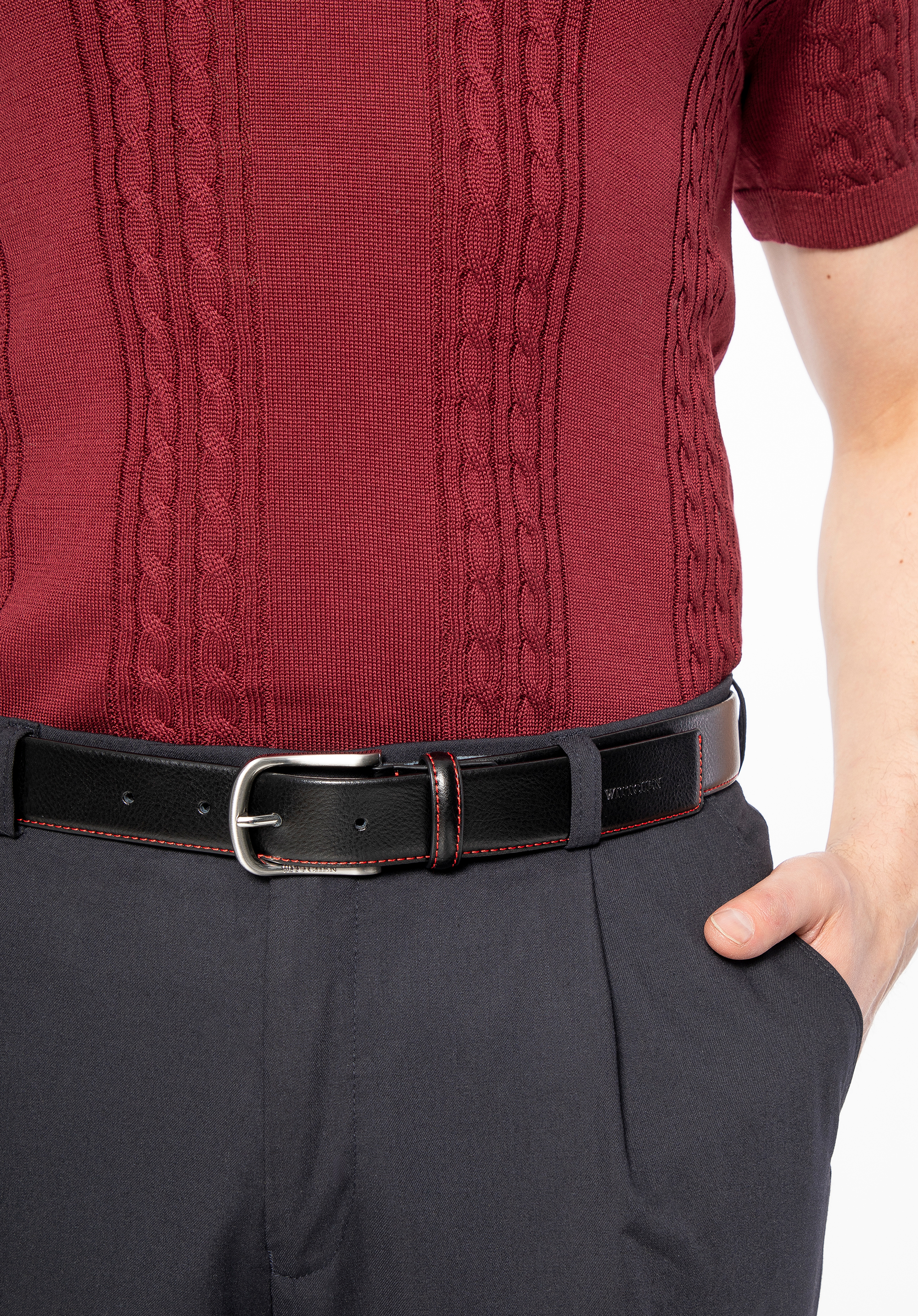 Herrengürtel aus Leder mit Steppnaht, schwarz-rot, 100-8M-902-1-90, Bild 1