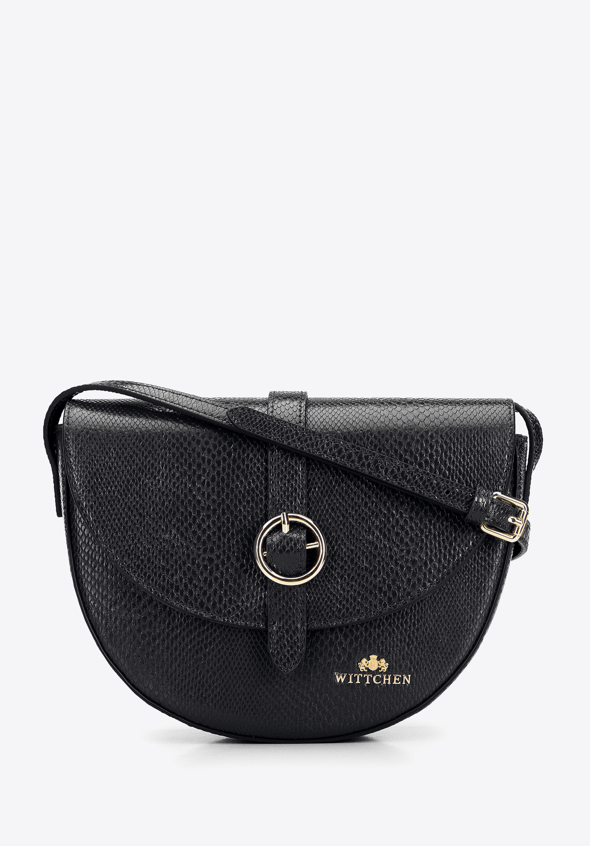 Umhängetasche für Damen aus Leder mit runder Schnalle, schwarz, 96-4E-635-1, Bild 1