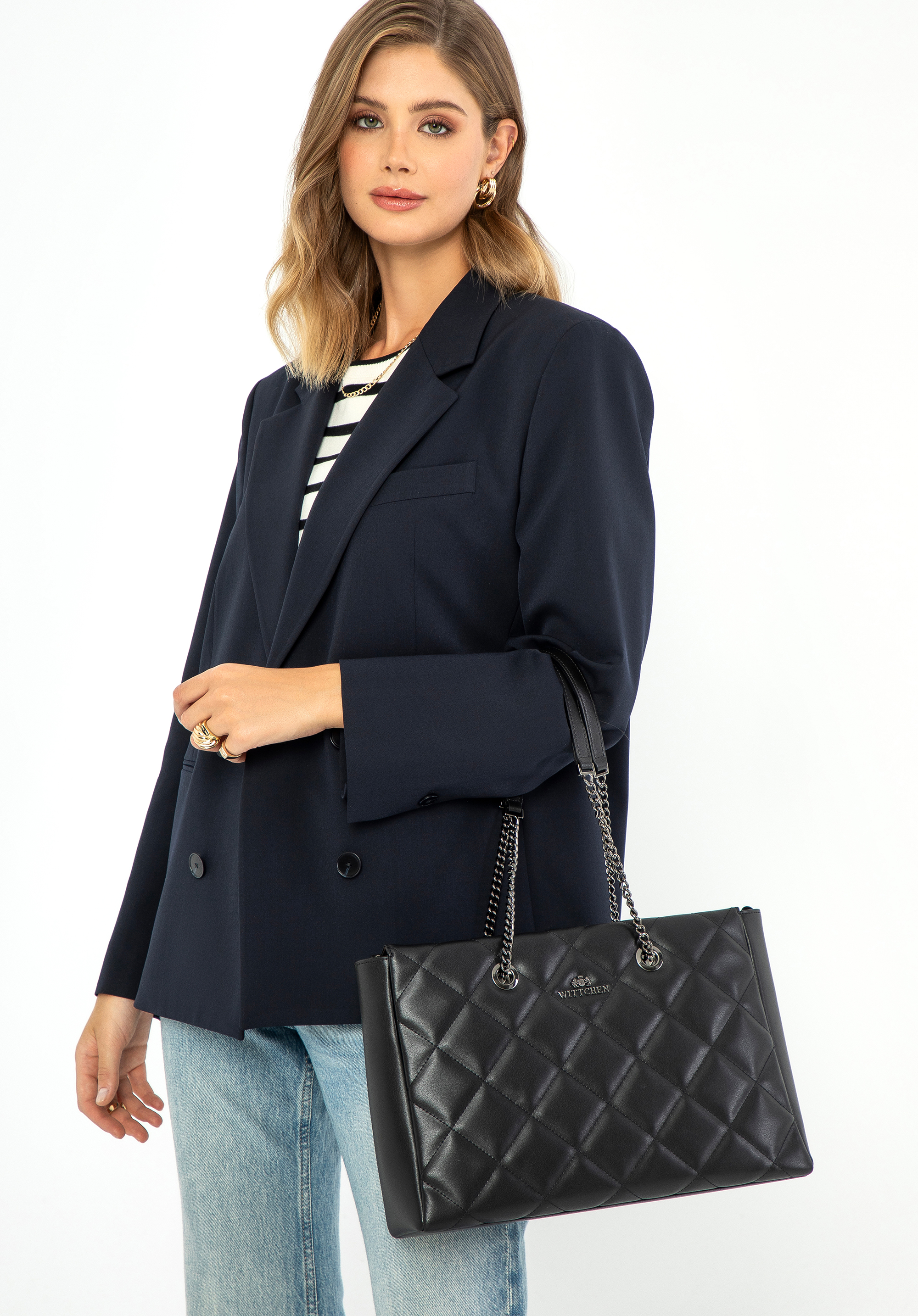 Damenhandtasche aus Leder mit Rautensteppung, schwarz-schwarzblau, 99-4E-606-G1, Bild 1