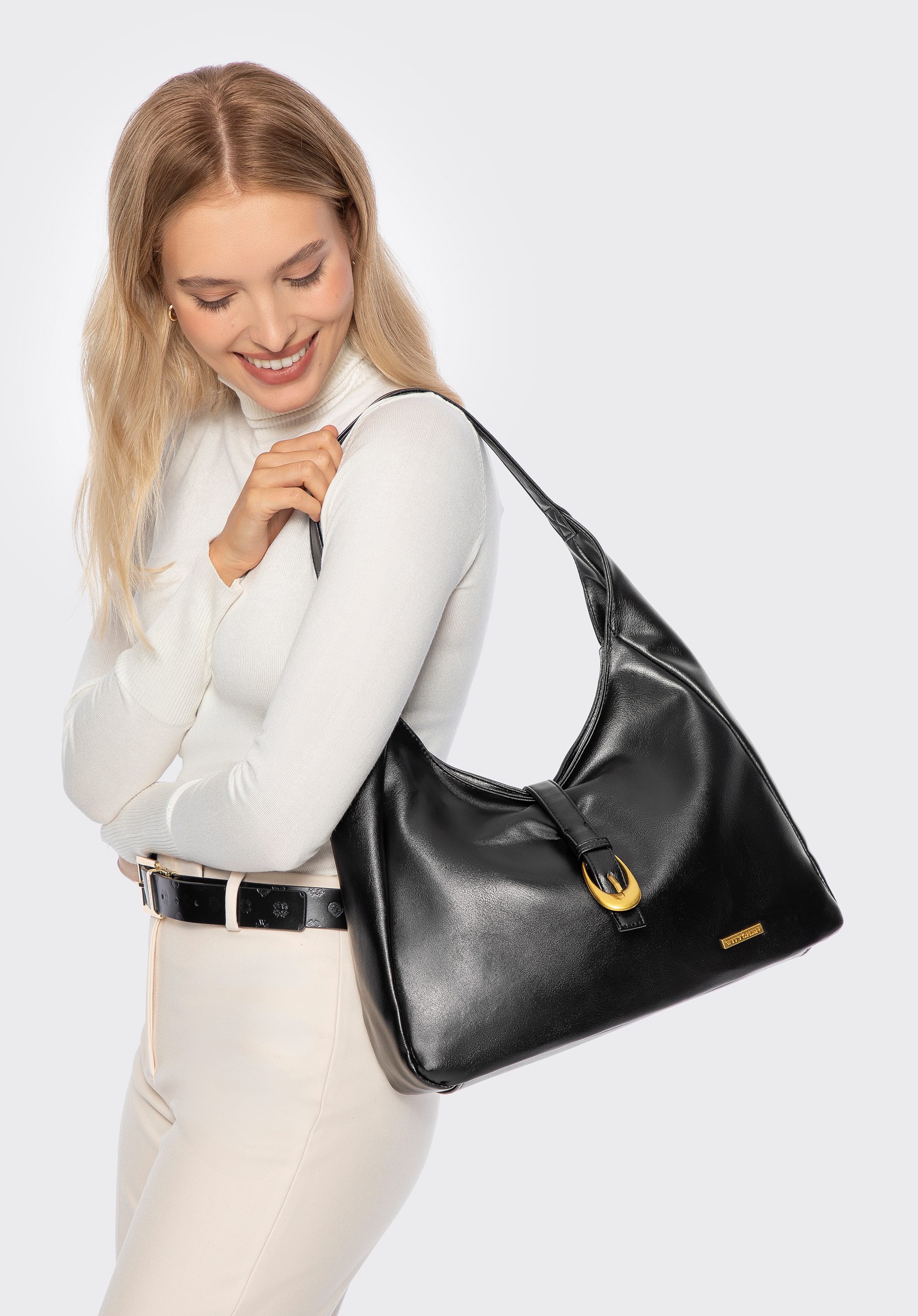 Shopper aus Kunstleder mit dekorativem Riemen, schwarz, 101-4Y-424-1, Bild 1