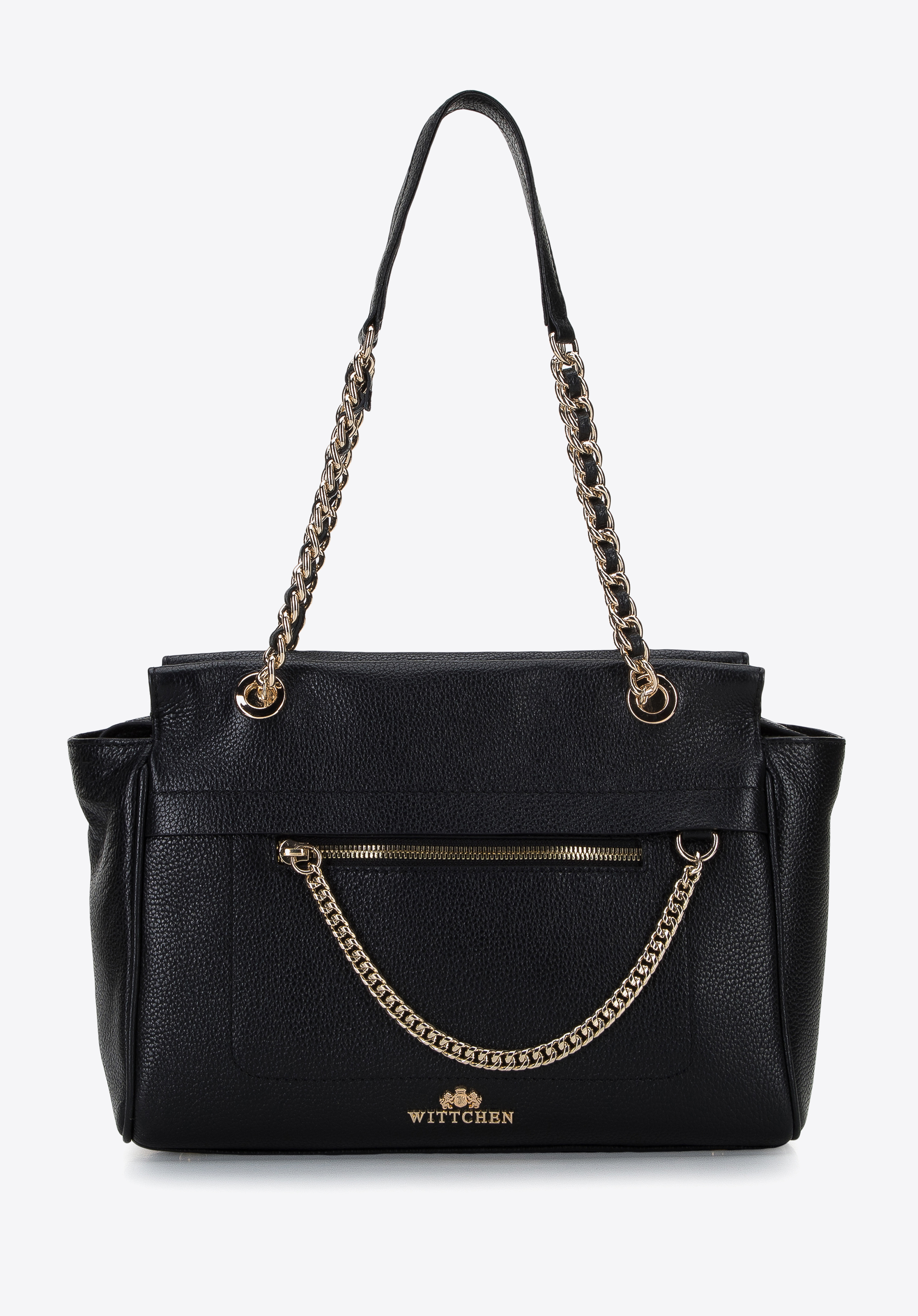 Shopper-Tasche aus Leder mit dekorativer Kette, schwarz, 96-4E-012-1, Bild 1