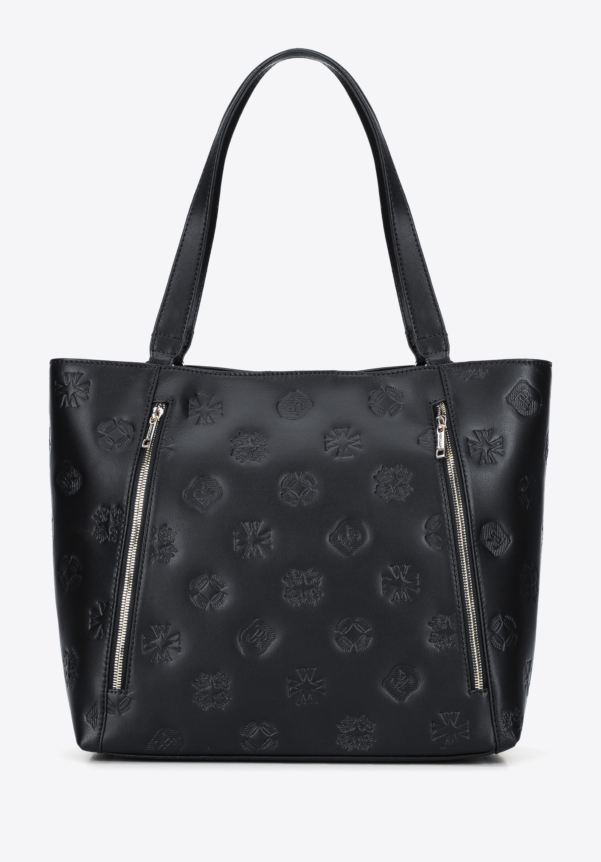 Shopper-Tasche aus Leder mit Monogramm und vertikalen Reißverschlüssen, schwarz, 96-4E-002-1, Bild 1