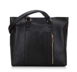 Shopper-Tasche aus Echtleder mit vertikalem ReiÃŸverschluss, schwarz, 94-4E-907-1, Bild 1
