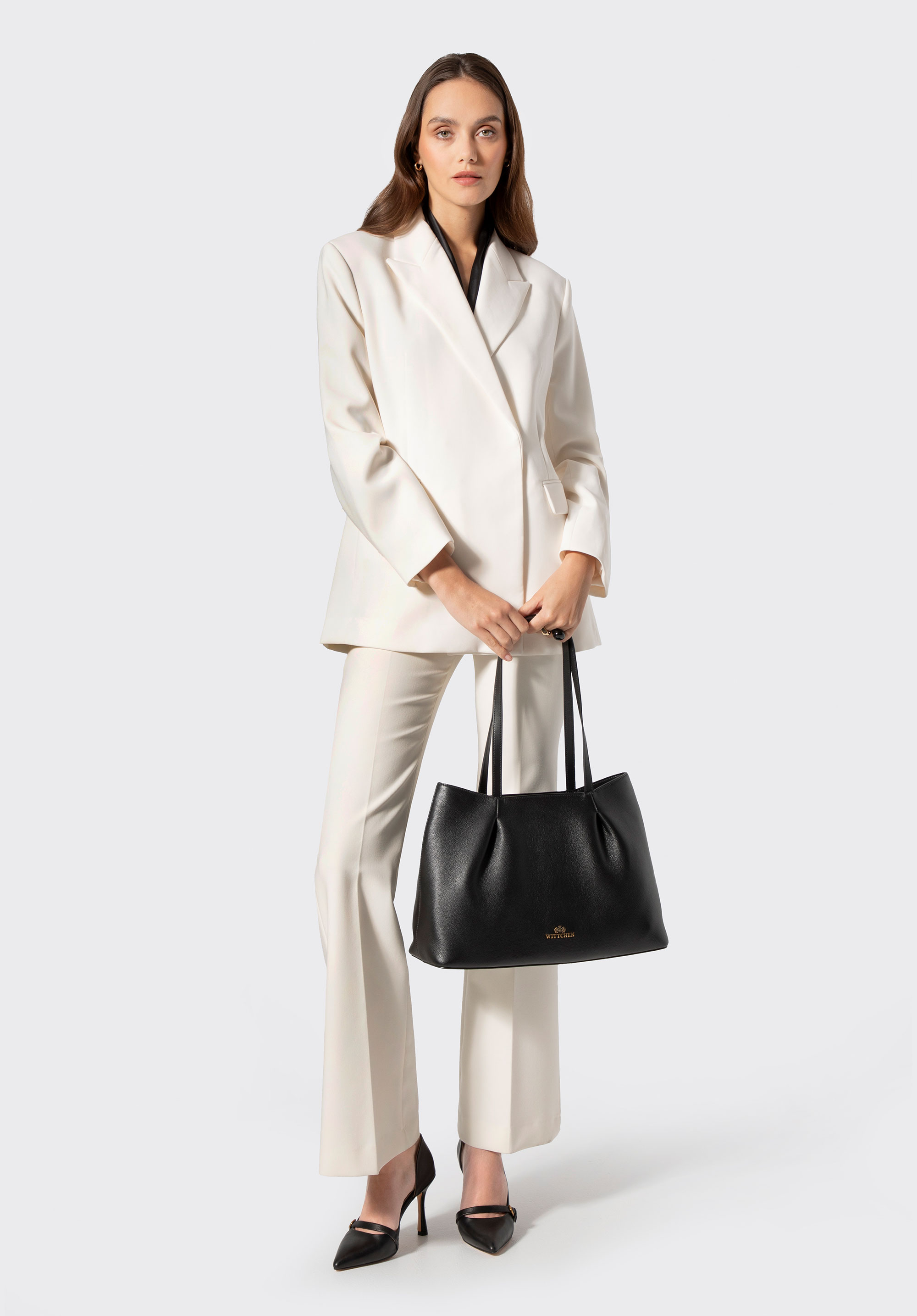 Shopper-Tasche aus gerafftem Leder für Damen, schwarz, 103-4E-618-1, Bild 1
