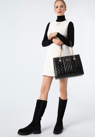Shopper-Tasche aus gestepptem Leder an einer Kette, schwarz, 97-4E-629-1, Bild 1