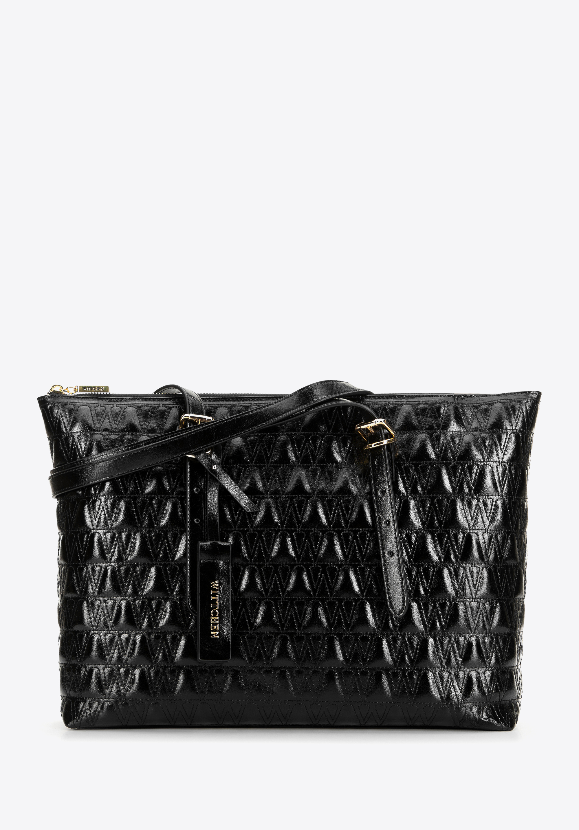 Shopper-Tasche aus gestepptem Leder für Damen, schwarz, 99-4E-632-1, Bild 1