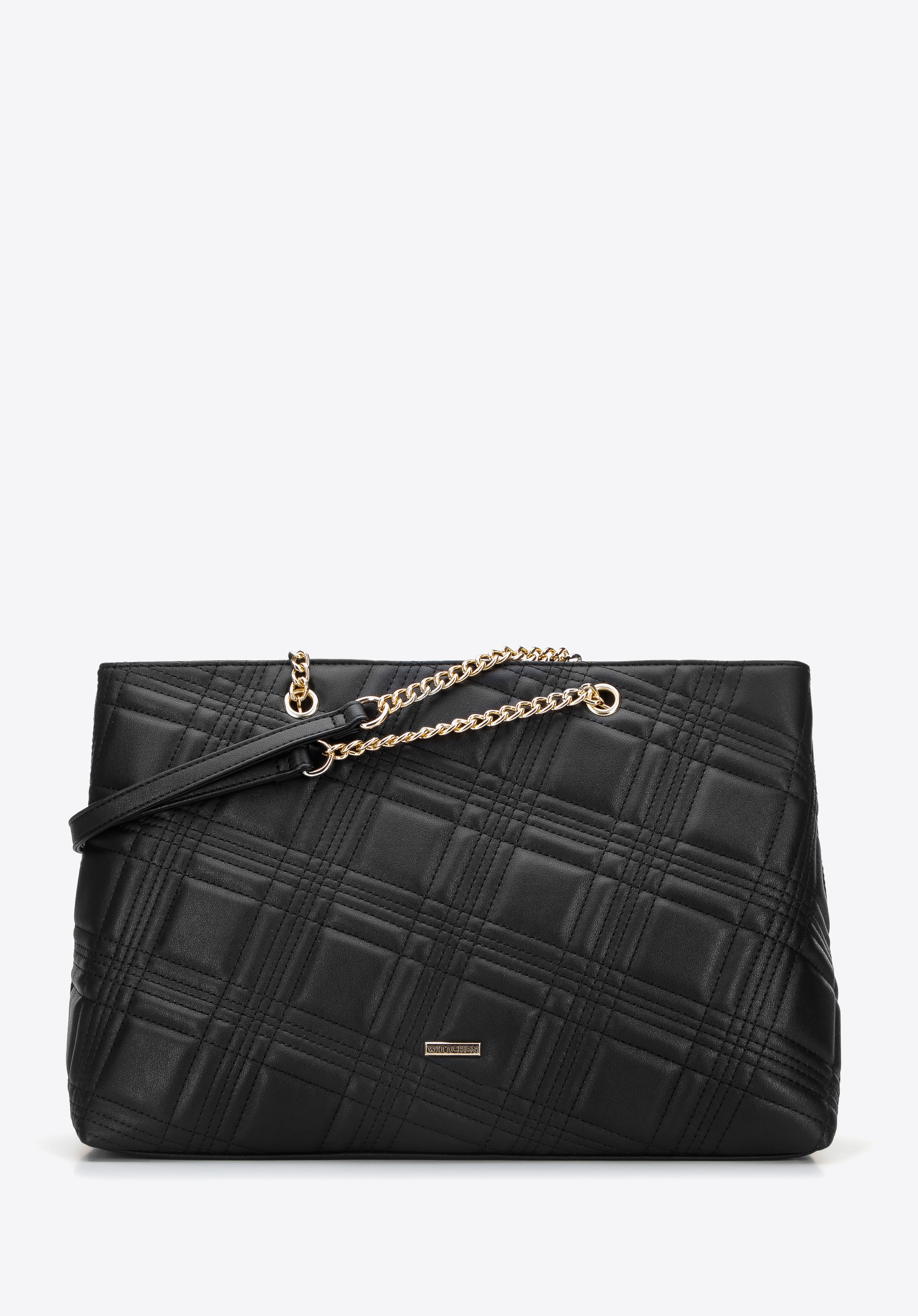 Shopper-Tasche aus gestepptem Öko-Leder an einer Kette, schwarz, 96-4Y-210-1, Bild 1