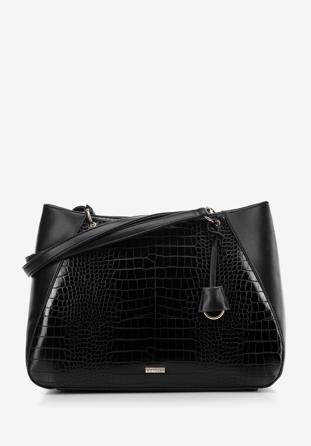 Shopper-Tasche aus Öko-Leder mit Kroko-Einsatz, schwarz, 97-4Y-521-1, Bild 1
