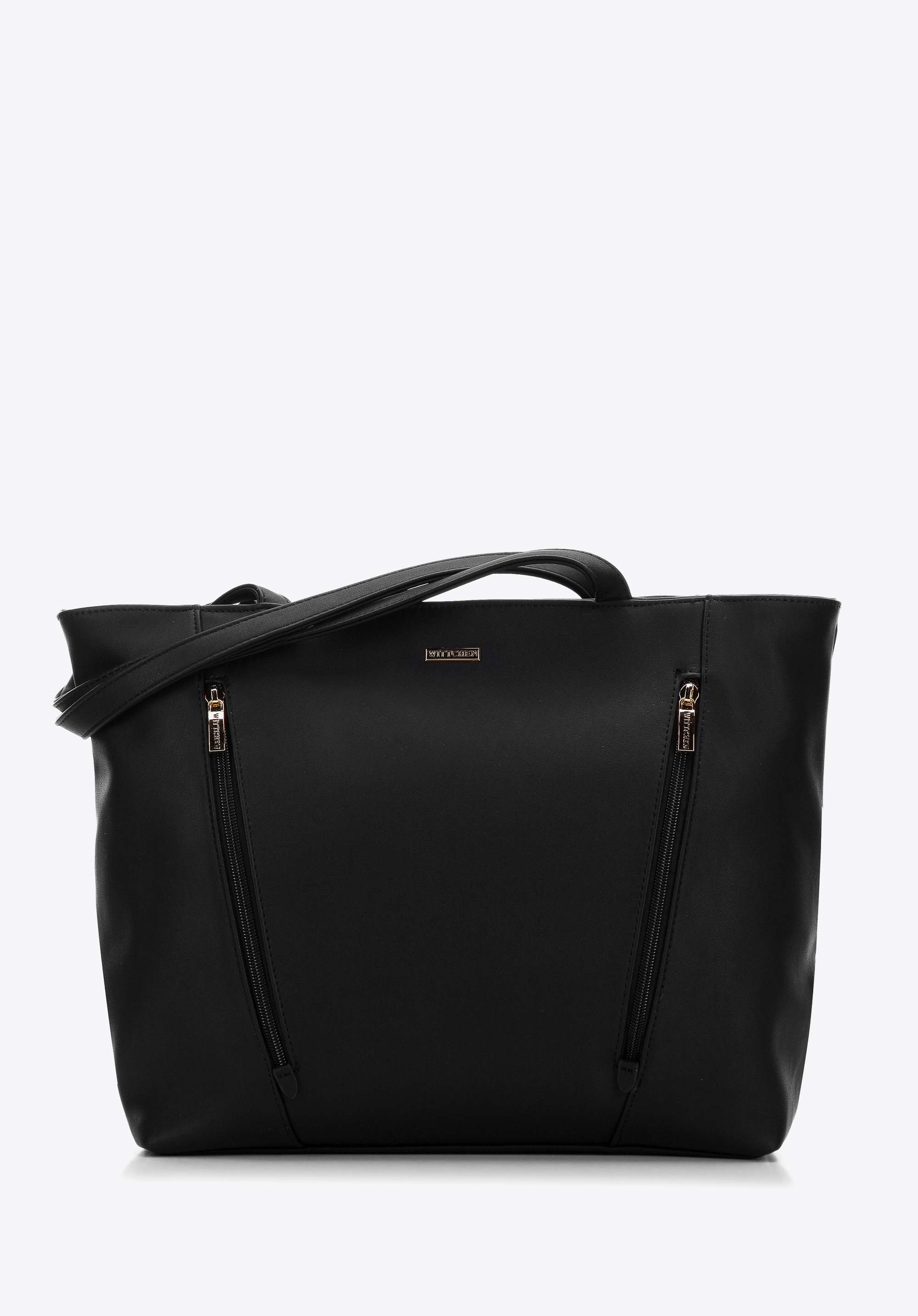 Shopper-Tasche aus Öko-Leder mit vertikalen Reißverschlüssen, schwarz, 97-4Y-530-1, Bild 1
