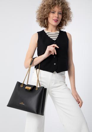 Shopper-Tasche aus Leder an einer Kette, schwarz, 98-4E-214-1, Bild 1