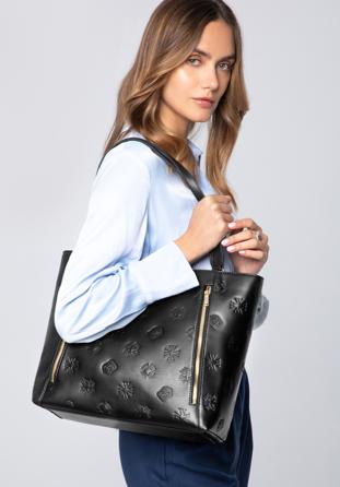 Shopper-Tasche aus Leder mit Monogramm und vertikalen Reißverschlüssen, schwarz, 96-4E-002-1, Bild 1