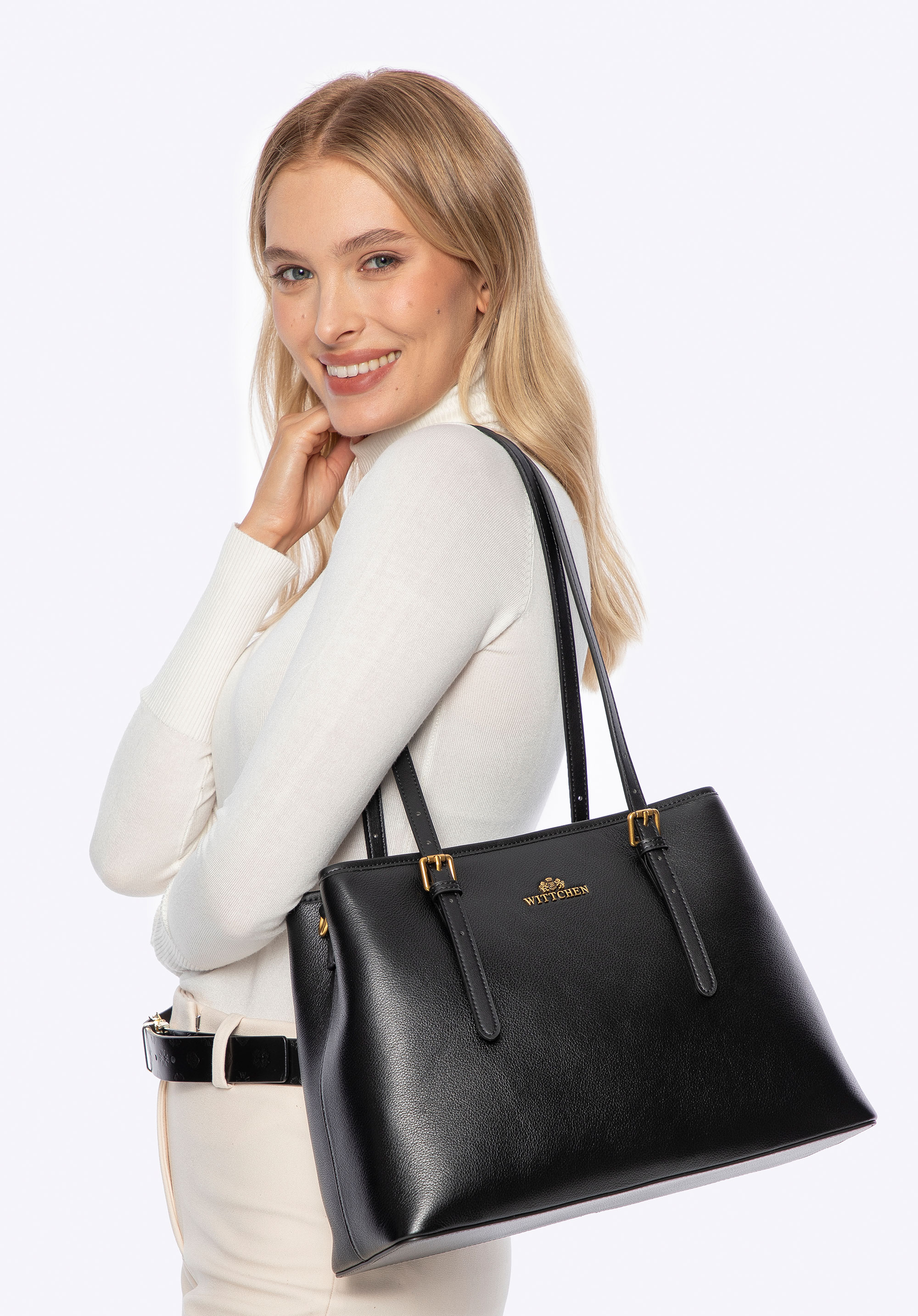 Shopper-Tasche aus Leder mit verstellbaren Griffen, schwarz, 101-4E-617-1, Bild 1