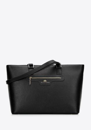 Shopper-Tasche aus Leder mit Vordertasche, schwarz, 29-4E-017-1, Bild 1