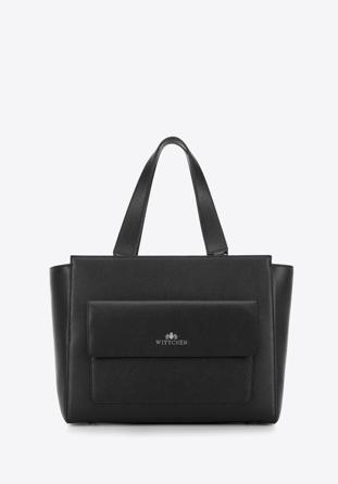 Shopper-Tasche aus Leder mit Vordertasche, schwarz, 95-4E-619-1, Bild 1