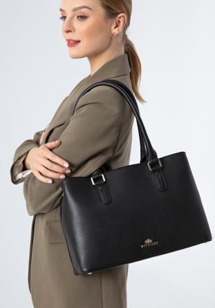 Shopper-Tasche aus Leder mit zwei Fächern, schwarz, 97-4E-001-1, Bild 1