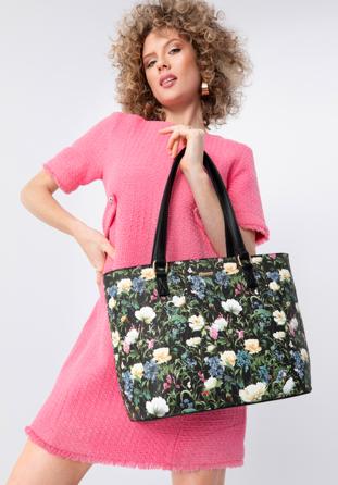 Shopper-Tasche aus Öko-Leder mit Blumenmuster, schwarz, 98-4Y-200-1, Bild 1