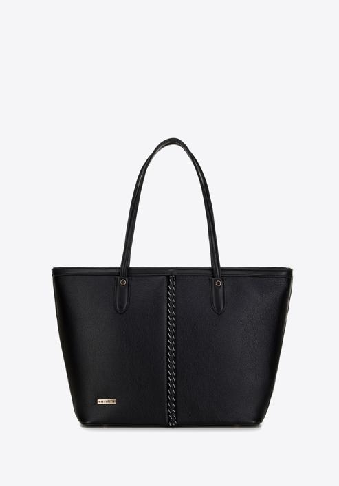 Shopper-Tasche aus Öko-Leder mit geflochtenem Detail, schwarz, 98-4Y-606-0, Bild 1