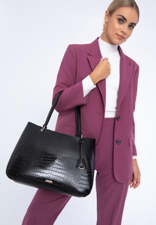 Shopper-Tasche aus Öko-Leder mit Kroko-Einsatz, schwarz, 97-4Y-521-1, Bild 1