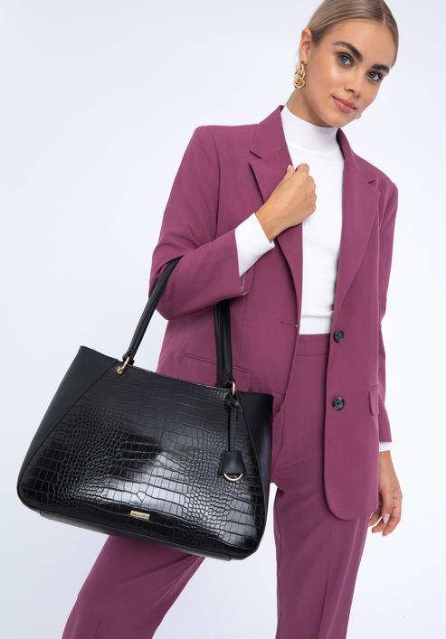 Shopper-Tasche aus Öko-Leder mit Kroko-Einsatz, schwarz, 97-4Y-521-1, Bild 15