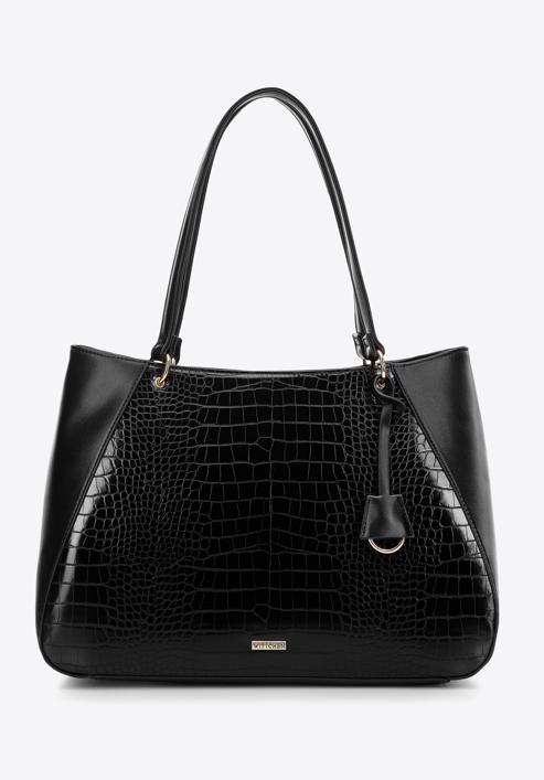 Shopper-Tasche aus Öko-Leder mit Kroko-Einsatz, schwarz, 97-4Y-521-1, Bild 2