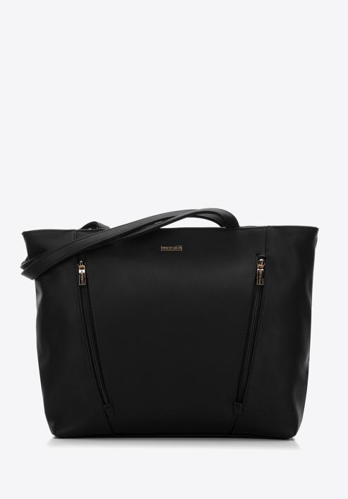 Shopper-Tasche aus Öko-Leder mit vertikalen Reißverschlüssen, schwarz, 97-4Y-530-9, Bild 1