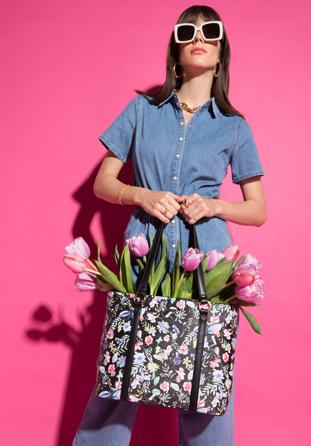 Shopper-Tasche aus Ökoleder mit Blumenmuster und vertikalen Streifen, schwarz, 96-4Y-201-1, Bild 1