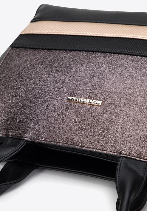 Shopper-Tasche aus Ökoleder mit Metall-Einsatz und Streifen, schwarz, 95-4Y-402-44, Bild 4