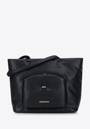 Shopper-Tasche aus weichem Öko-Leder und einer Tasche vorne, schwarz, 95-4Y-426-1, Bild 1