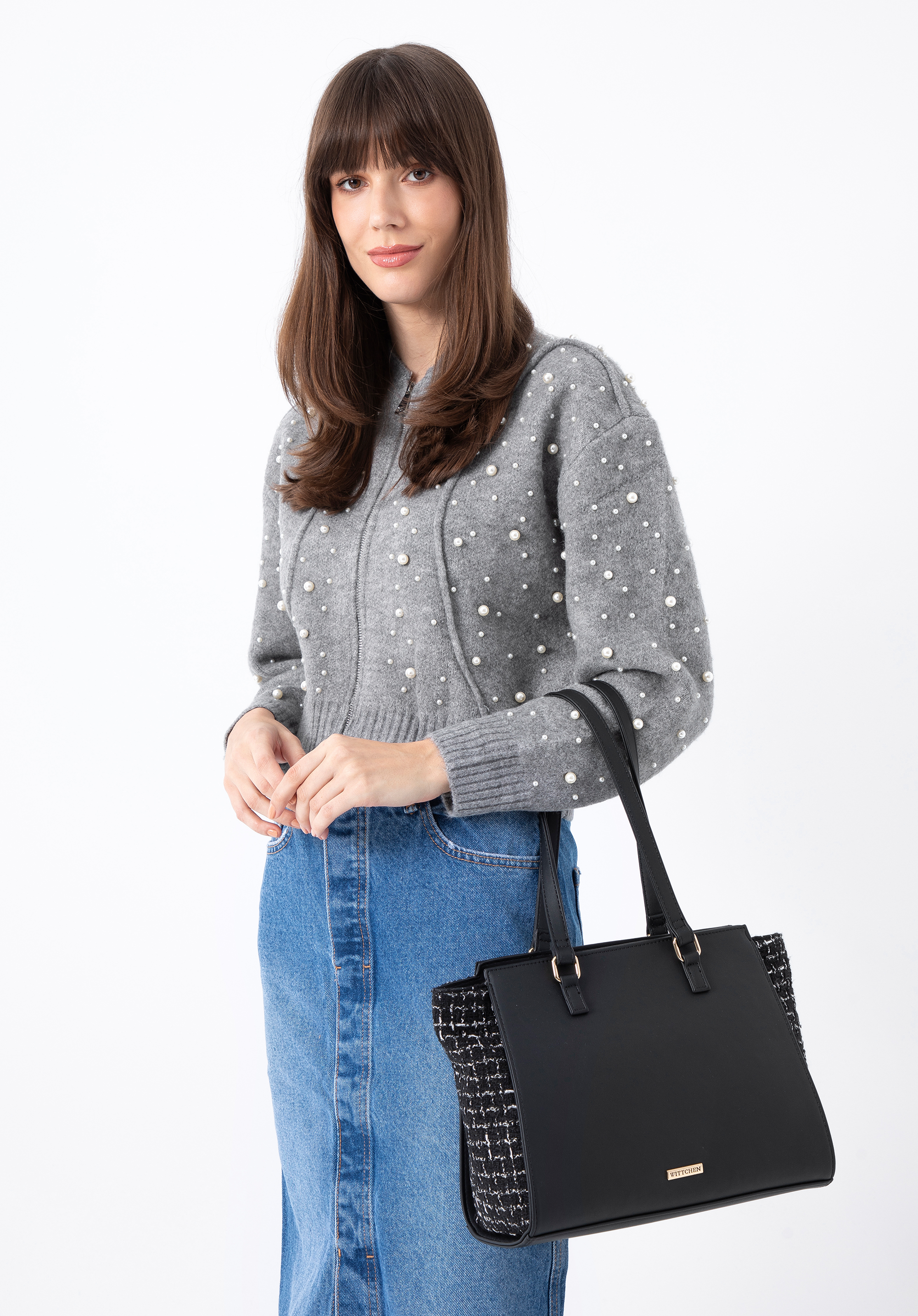 Shopper-Tasche mit Einsatz aus Bouclé-Stoff, schwarz, 97-4Y-750-1, Bild 1