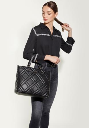 Shopper-Tasche mit geometrisch gesteppter Vorderseite, schwarz, 95-4Y-503-1, Bild 1