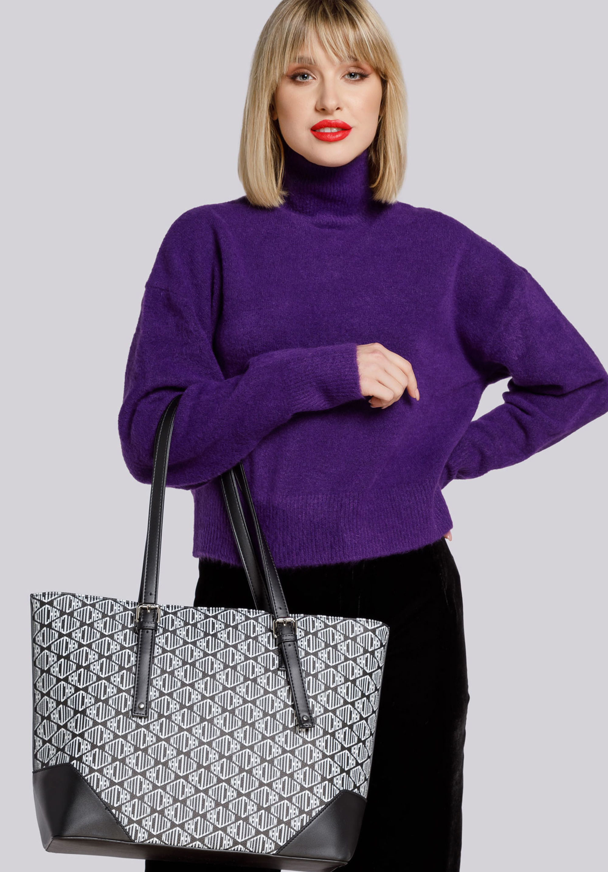 Shopper-Tasche mit geometrischem Logo, schwarz, 93-4Y-538-1, Bild 1