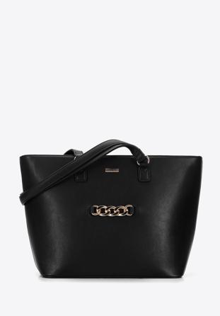 Shopper-Tasche für Damen mit Kette auf der Vorderseite, schwarz, 96-4Y-623-1, Bild 1