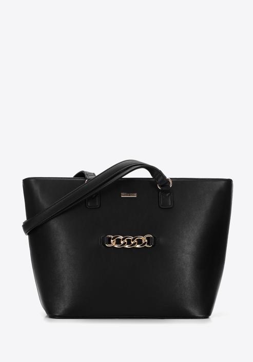 Shopper-Tasche für Damen mit Kette auf der Vorderseite, schwarz, 96-4Y-623-F, Bild 1
