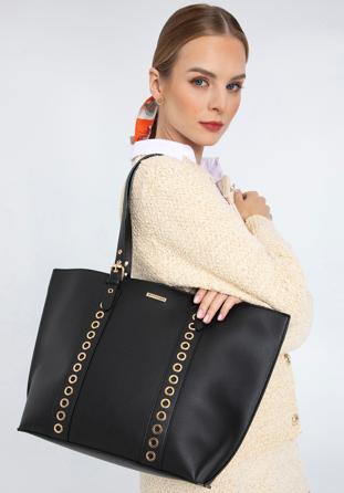 Shopper-Tasche mit Nietenriemen, schwarz, 97-4Y-771-1, Bild 1
