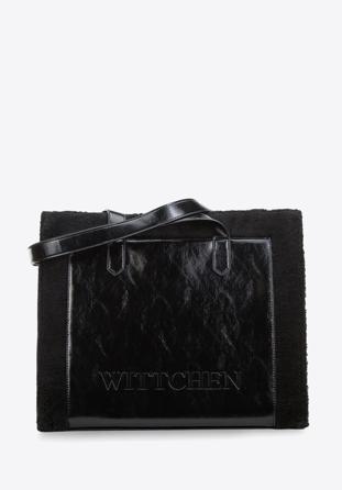 Shopper-Tasche mit Kunstpelzeinsätzen, schwarz, 97-4Y-250-1, Bild 1